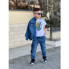 Poyraz Kids Erkek Çocuk Kot Ceket Kot Kargo Pantolon ve Tişört Takım Bayramlık Kombin