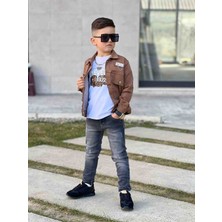 Poyraz Kids Erkek Çocuk Zincir Detaylı Ceket Mavi Kot Pantalon ve Kısa Kol Tişört Konbin Takım Giyım Bayramlık Kombin