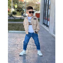 Poyraz Kids Erkek Çocuk Zincir Detaylı Ceket Mavi Kot Pantalon ve Kısa Kol Tişört Konbin Takım Giyım Bayramlık