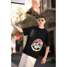 Zenwave Erkek Mario Baskılı Oversize T-Shirt - Siyah