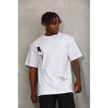 Tarz Yeri Unisex Oversize Baskılı Bisiklet Yaka T-Shirt - Beyaz