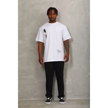 Tarz Yeri Unisex Oversize Baskılı Bisiklet Yaka T-Shirt - Beyaz