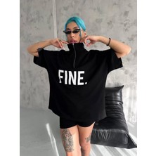 Tarz Yeri Unisex Baskılı Yarım Fermuarlı T-Shirt - Siyah