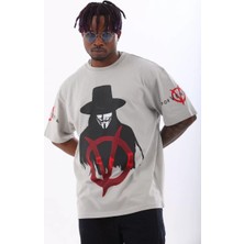 Tarz Yeri Unisex Oversize Baskılı Bisiklet Yaka T-Shirt - Gri