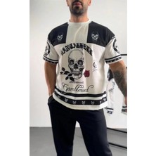 Tarz Yeri Erkek Oversize Dijital Baskılı Kuru Kafa T-Shirt - Beyaz