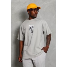Tarz Yeri Unisex Oversize Baskılı Bisiklet Yaka T-Shirt - Gri