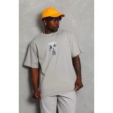 Tarz Yeri Unisex Oversize Baskılı Bisiklet Yaka T-Shirt - Gri