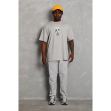 Tarz Yeri Unisex Oversize Baskılı Bisiklet Yaka T-Shirt - Gri
