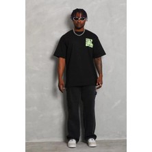 Tarz Yeri Unisex Oversize Baskılı Bisiklet Yaka T-Shirt - Siyah