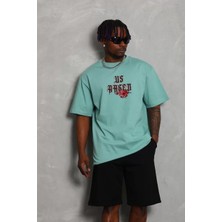 Tarz Yeri Unisex Oversize Baskılı Bisiklet Yaka T-Shirt - Mint Yeşili