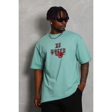 Tarz Yeri Unisex Oversize Baskılı Bisiklet Yaka T-Shirt - Mint Yeşili