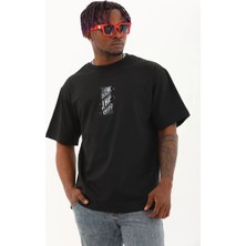 Tarz Yeri Unisex Oversize Baskılı Bisiklet Yaka T-Shirt - Siyah