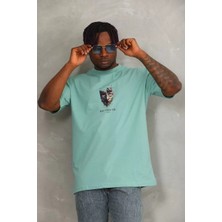 Tarz Yeri Unisex Oversize Baskılı Bisiklet Yaka T-Shirt - Mint Yeşili