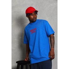 Tarz Yeri Unisex Oversize Baskılı Bisiklet Yaka T-Shirt - Mavi