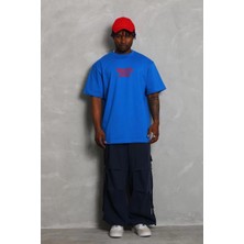 Tarz Yeri Unisex Oversize Baskılı Bisiklet Yaka T-Shirt - Mavi