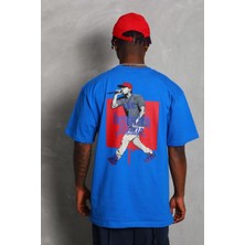 Tarz Yeri Unisex Oversize Baskılı Bisiklet Yaka T-Shirt - Mavi