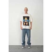 Tarz Yeri Unisex Baskılı Bisiklet Yaka Oversize T-Shirt - Beyaz