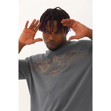 Tarz Yeri Unisex Oversize Taşlı Bisiklet Yaka T-Shirt - Füme