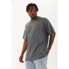 Tarz Yeri Unisex Oversize Taşlı Bisiklet Yaka T-Shirt - Füme