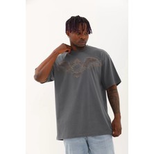 Tarz Yeri Unisex Oversize Taşlı Bisiklet Yaka T-Shirt - Füme