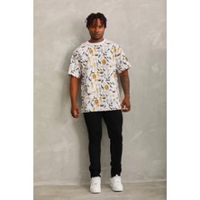 Tarz Yeri Unisex Oversize Baskılı Bisiklet Yaka T-Shirt - Beyaz