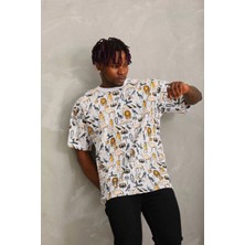 Tarz Yeri Unisex Oversize Baskılı Bisiklet Yaka T-Shirt - Beyaz