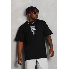 Tarz Yeri Unisex Oversize Baskılı Bisiklet Yaka T-Shirt - Siyah