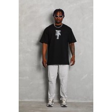 Tarz Yeri Unisex Oversize Baskılı Bisiklet Yaka T-Shirt - Siyah