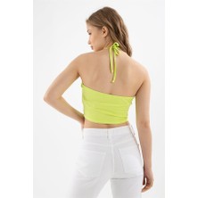 Modaset Büzgülü Crop Bluz Neon Yeşil