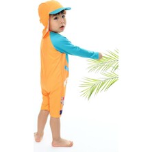 Podium Giyim Yeni Sezon Sevimli Dinazor Uv Korumalı Uzun Kollu Fermuarlı Şapkalı  Bebek-Çoçuk Mayo Takımı