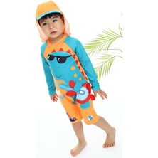 Podium Giyim Yeni Sezon Sevimli Dinazor Uv Korumalı Uzun Kollu Fermuarlı Şapkalı  Bebek-Çoçuk Mayo Takımı