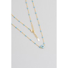 So CHIC Mavi Mineli 18 Ayar Sarı Altın Kaplama 45 Cm Gümüş Nazar Kolye