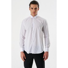 Beyaz Uzun Kollu Bez Ayağı Ata Yaka Cepsiz Pamuklu Damatlık Slim Fit Dar Kesim Gömlek 1004240214