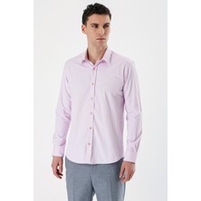 İmza Pembe Uzun Kollu Armürlü Cepsiz Pamuklu Likralı Slim Fit Dar Kesim Gömlek 1004240193