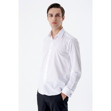 İmza Beyaz Uzun Kollu   Sert Yaka Cepsiz  Pamuklu Basic Slim Fit Dar Kesim Gömlek 1004240059