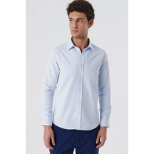 İmza Koyu Mavi Uzun Kollu Armürlü Cepsiz Pamuklu Likralı Slim Fit Dar Kesim Gömlek 1004240193