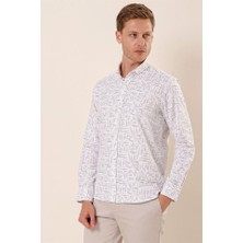 İmza Beyaz Uzun Kollu Baskılı Oxford Cepsiz Pamuklu Klasik Slim Fit Dar Kesim Gömlek 1004230170