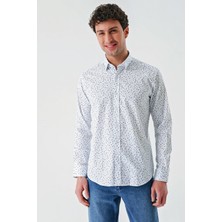 İmza Beyaz Uzun Kollu Baskılı Biritli Yaka Cepsiz Pamuklu Klasik Slim Fit Dar Kesim Gömlek 1004240216