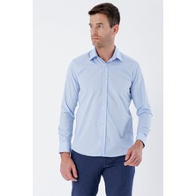 İmza Mavi Uzun Kollu Bez Ayağı Sert Yaka Cepsiz Pamuklu Basic Slim Fit Dar Kesim Gömlek 1004235357
