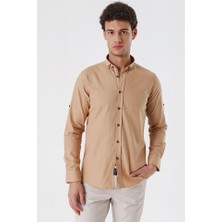 İmza Camel Kısalabilir Kollu Cepsiz Biyeli %100 Pamuk Casual Slim Fit Dar Kesim Gömlek 1004230179