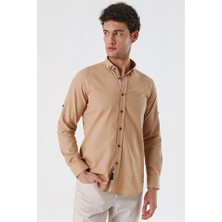 İmza Camel Kısalabilir Kollu Cepsiz Biyeli %100 Pamuk Casual Slim Fit Dar Kesim Gömlek 1004230179