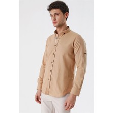 İmza Camel Kısalabilir Kollu Cepsiz Biyeli %100 Pamuk Casual Slim Fit Dar Kesim Gömlek 1004230179