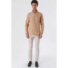 İmza Camel Kısalabilir Kollu Cepsiz Biyeli %100 Pamuk Casual Slim Fit Dar Kesim Gömlek 1004230179