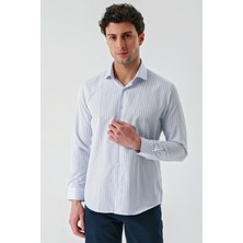 İmza Beyaz Uzun Kollu Çizgili Armürlü Cepsiz Pamuklu Klasik Slim Fit Dar Kesim Gömlek 1004240229