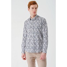 İmza Açık Bej Uzun Kollu Baskılı Garnili Pamuklu Casual Slim Fit Dar Kesim Gömlek 1004240211
