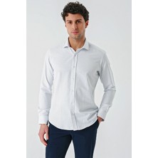 İmza Mavi Uzun Kollu Desenli Armürlü Cepsiz Pamuklu Klasik Slim Fit Dar Kesim Gömlek 1004240189