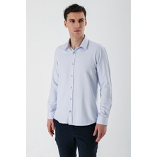 İmza Koyu Mavi Uzun Kollu Desenli Armürlü Sert Yaka Cepsiz Pamuklu Slim Fit Dar Kesim Gömlek 1004235171