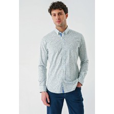 İmza Beyaz Uzun Kollu Baskılı  Sert Yaka Cepsiz  Pamuklu Likralı Klasik Slim Fit Gömlek 1004240143