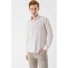 İmza Bej Uzun Kollu Çizgili Biritli Yaka Pamuklu Likralı Casual Slim Fit Dar Kesim Gömlek 1004240233