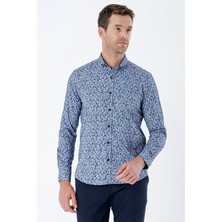İmza Koyu Lacivert Uzun Kollu Baskılı Bez Ayağı Cepsiz Pamuklu Likralı Klasik Slim Fit Gömlek 1004235208